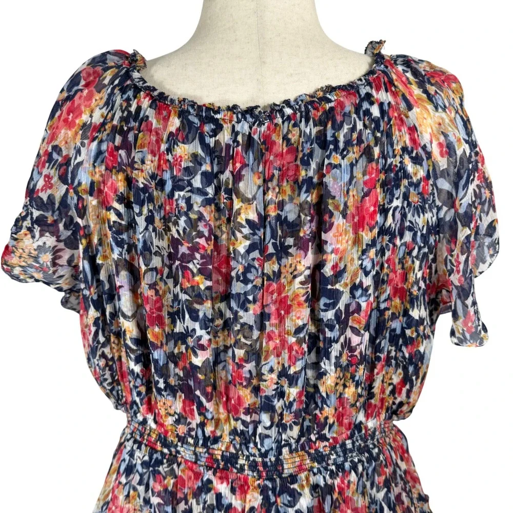 Sundance Floral Cupro Midi Dress Blue Red‎ Smocked Waist Short Sleeve Womens L